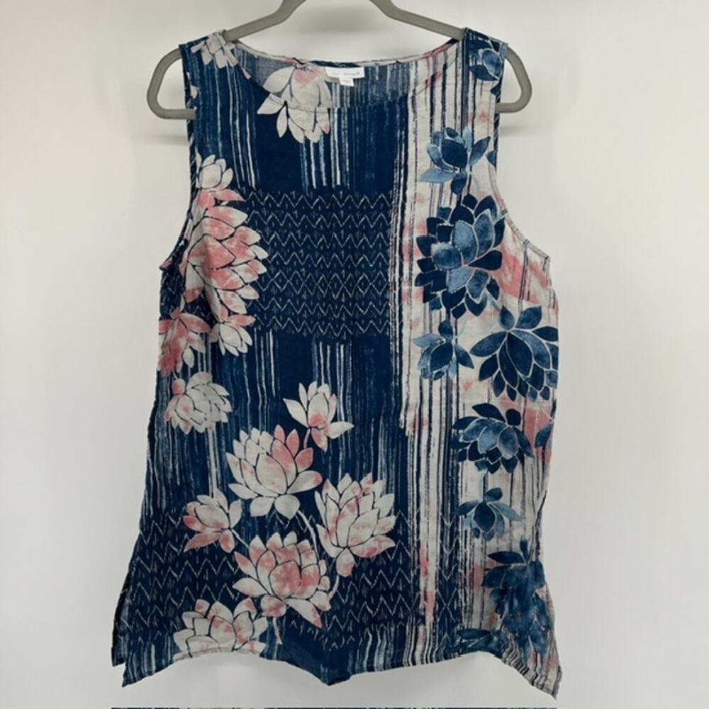 pureJill by J.Jill 100% Linen Tunic Tank Top Womens L Tropical Floral Coastal